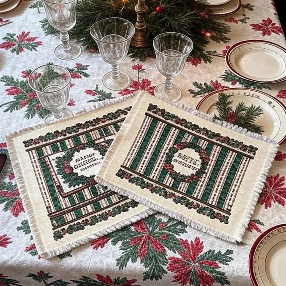 Vtg Poinsettia Christmas Placemats Set of 4 Beige/Green Wicker with Fringe